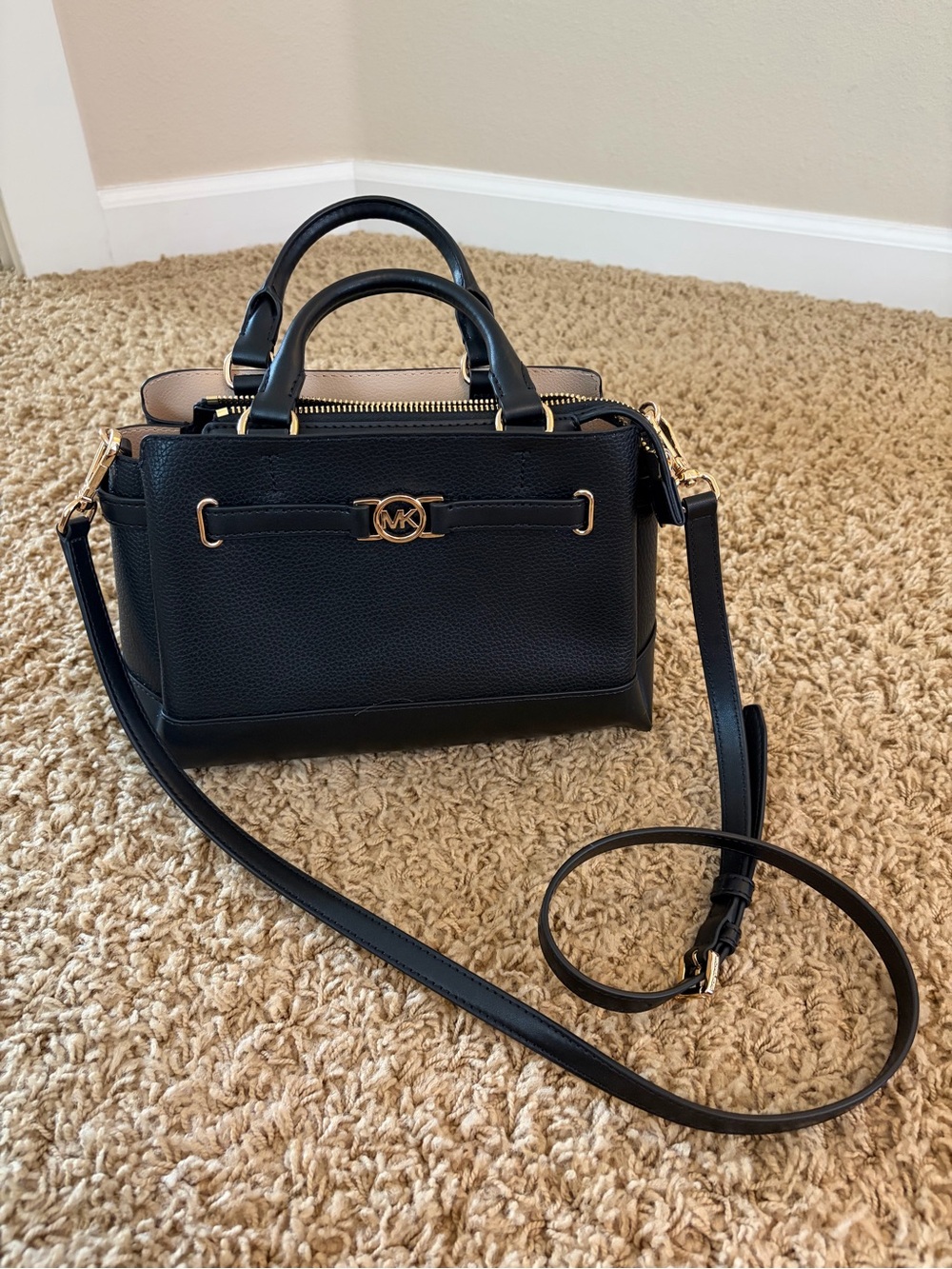 Michael Kors Black Pebbled Leather Satchel with Gold Accents